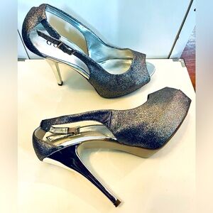 Guess Hondo Multi Color Glitter Platform/Silver Heels- Size 8